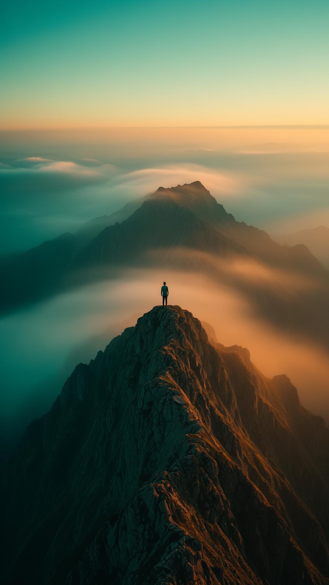 Figure standing above the clouds at sunrise